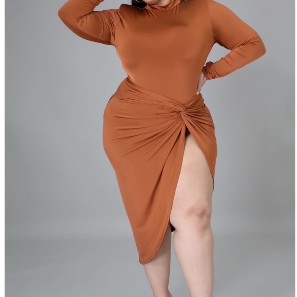 Orange Asymmetrical Ruched Slit Skirt Set